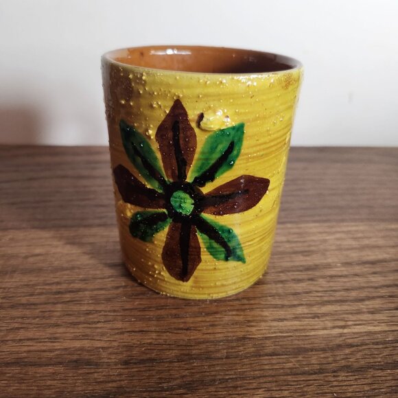 Vintage MCM Italian Bitossi style Hand-Painted Ceramic Mug With Floral & Geometr
